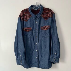 Wrangler Retro Aztec Blanket Pearl Snap Chambray Button Up Western Shirt XL